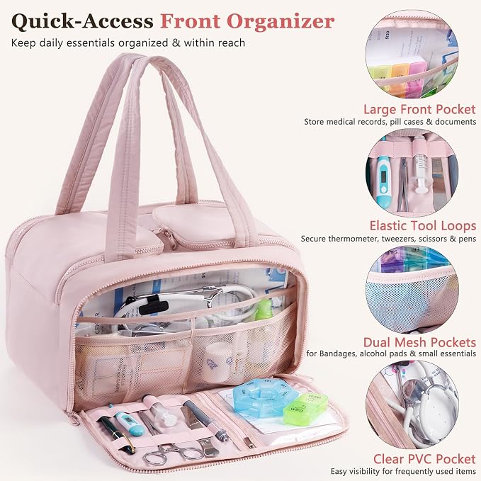 Travel Medicine Storage Bag with 2 Compartments, Wide-Mouth Medical Organizer, Puffy Lightweight First Aid Bag for Prescription Bottles, Pill Cases, Medical Supplies & Family Emergency Essentials