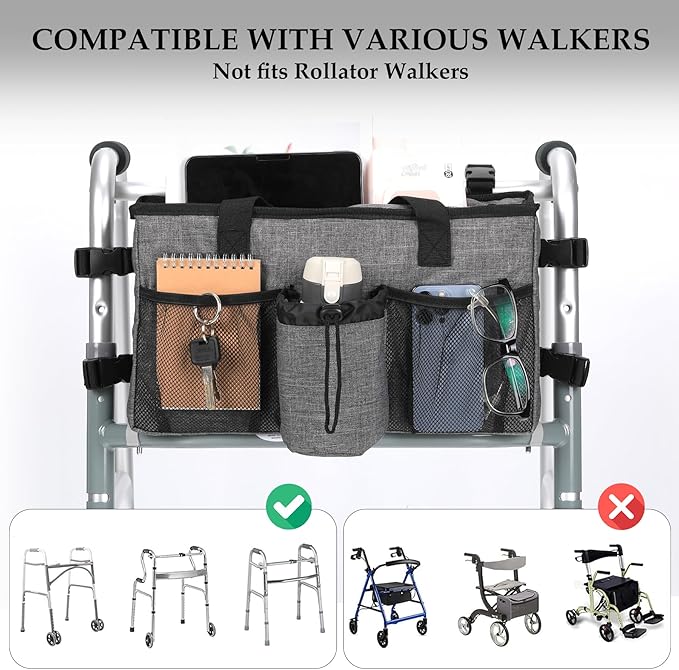 Bag for Walkers for Seniors with Pockets Walker Accessories Cup Holder Foldable Walker Pouches Storage Tray Basket (Gray)