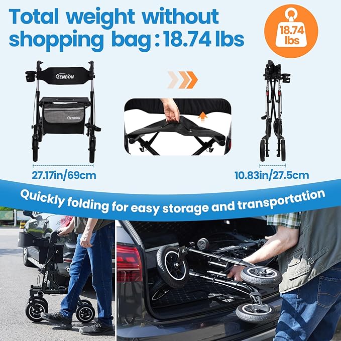 Rollator Walker for Seniors/Adults Foldable Rolling Walker with Seat 330 lbs Capacity 10 inch Wheels Hand Grips Adjustable Height Lightweight Aluminum Walker Removable Back Support 7210(Black)