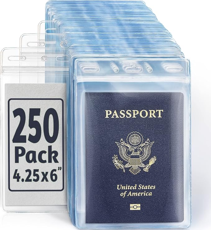 4x6 XXL Passport, ID, Name Card Holders - Vertical, Resealable, 250 PK | EcoEarth clear plastic waterproof passport holder with soft edge and zipper seal, 5 pre-punched holes for all lanyard clips