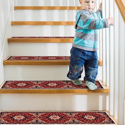 Persian Stair Runner Non Slip Washable 15 Pack Stair Treads 8x30 | 15PCS Persia Wooden Steps Stair Treads 8x30 Inch, Stain Resistant Oriental Washable Stair Carpet Rug Silicone Backing