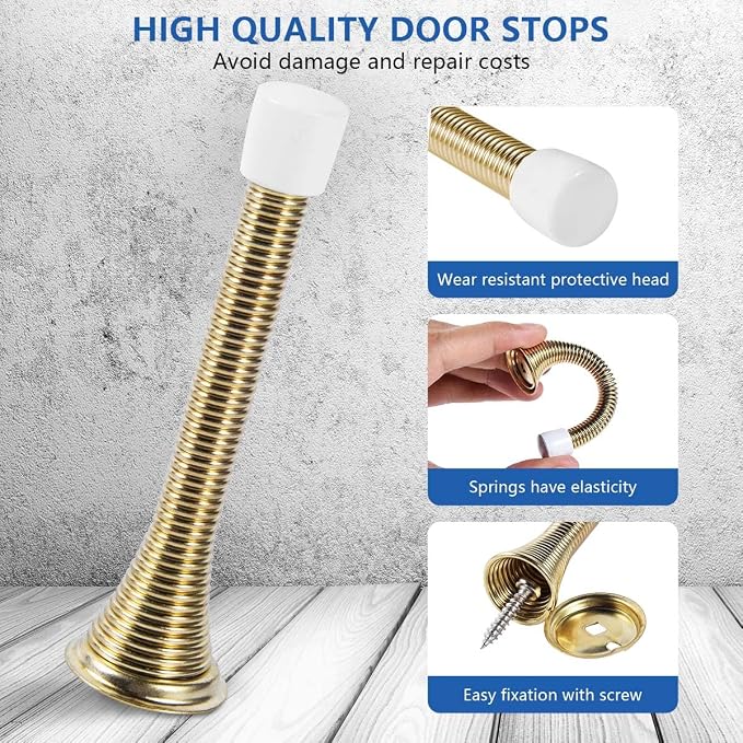 KISEER 12 Pack Spring Door Stops 3 1/4 Inch Flexible Heavy Duty Spring Door Stopper with RustProof Screw Rubber Bumper Tips (Gold)