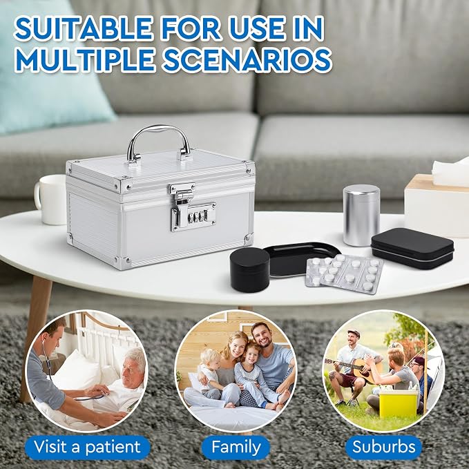 Medication Lock Box Aluminium Alloy Combination Lock for Home and Travel Medicine Lock Box,First Aid Safe Medication Storage Box,7.66''x 5.12''x 4.13'' (Silver)