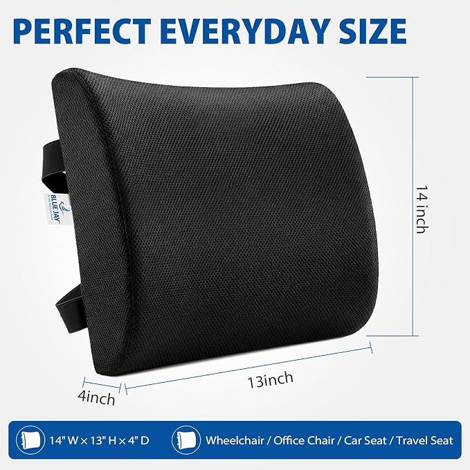 Blue Jay Memory Foam Lumbar Support for Wheelchair - Orthopedic Back Cushion for Elderly, Posture Correction & Lower Back Pressure Relief - Breathable Mesh