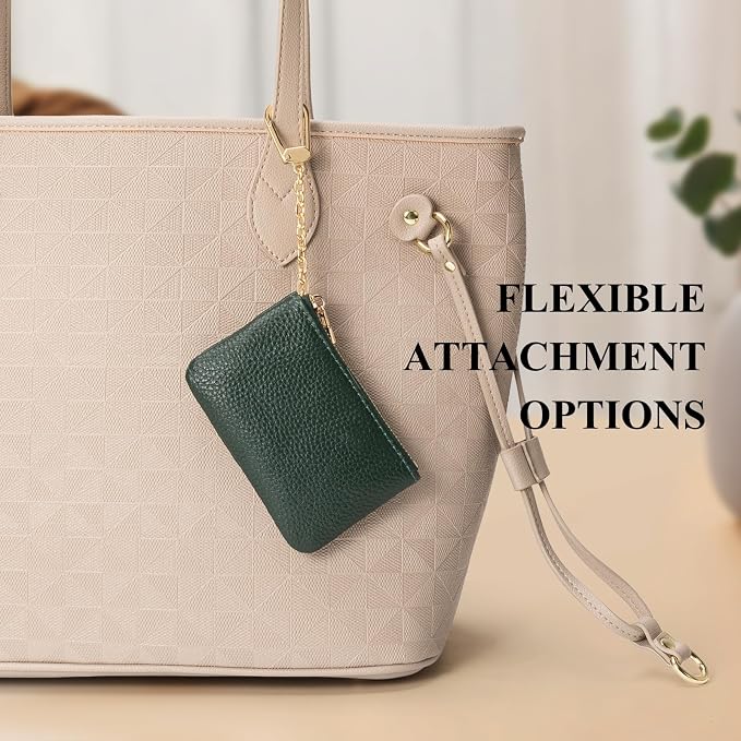 Full Grain Leather Coin Purse with Key Chain - Small Change Purse Keychain Card Holder Keychain Pouch Small Keychain Wallet for Women and Men (Forest Green)