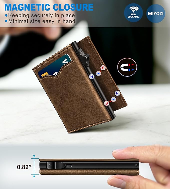 Wallet for Men,with Cash Pocket 2 ID Window 9-13 Cards,Metal Case Smart Slim Pop Up Credit Card Holder Flip with Magnetic Closure RFID Blocking Trifold wallet with Gift Box