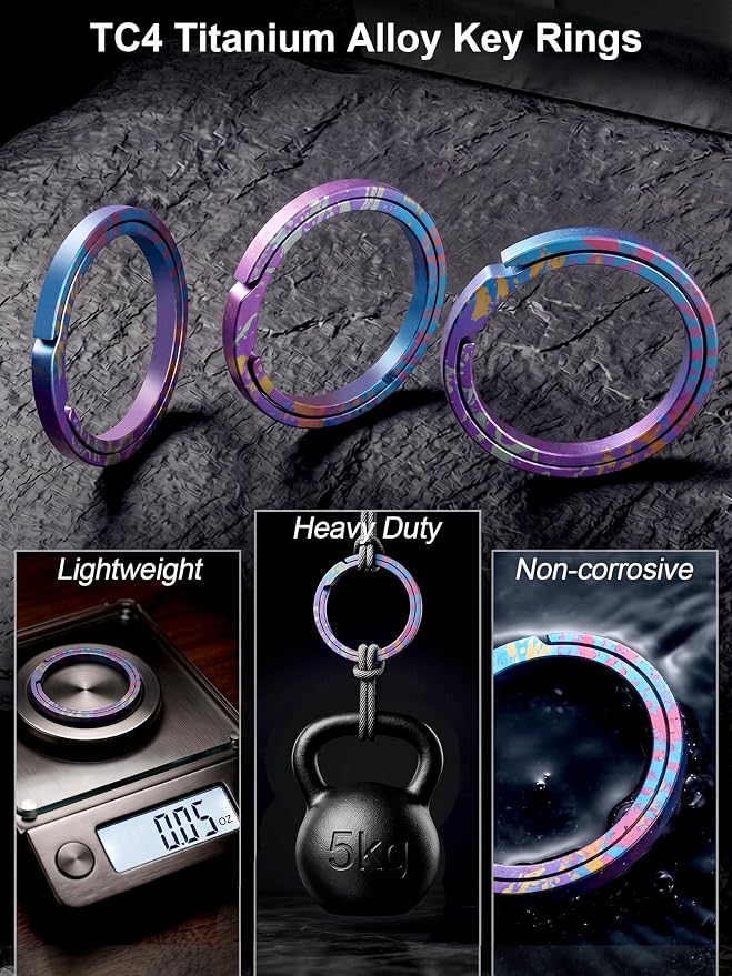 Titanium Key Rings Heavy Duty Easy Open Split Key Chain Rings | Side Push, No Nail Damage, Hypoallergenic, Anti-Slip Ultra Lightweight EDC Bulk Keyrings for Car Key Fob, Gift for Men Women