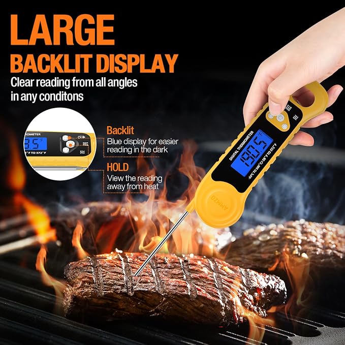 AMMZO Meat Thermometer Digital, Instant Read Food Thermometer - Waterproof w/Backlight for Cooking, Candy, Deep Fry, BBQ, Grill, Candy Making Accessories, Gifts for Men Women(Yellow)