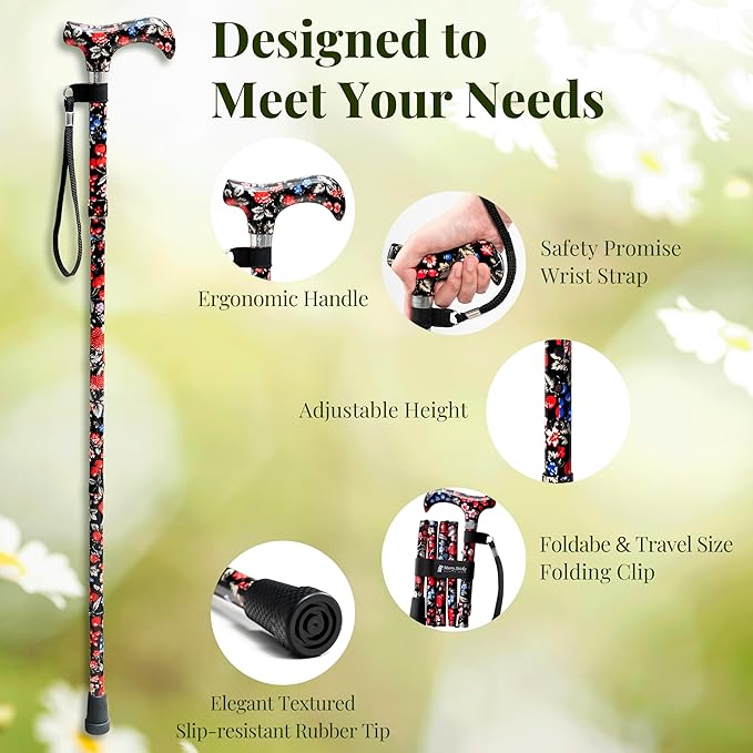 Merry Sticks Lightweight Foldable Walking Canes for Women and Men, Adjustable & Collapsible Walking Stick for Seniors, Balancing Mobility Aids, Ergonomic Handle & Wrist Strap - Berries