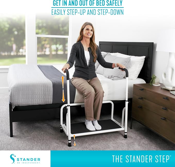 Stander Step-Stool, Free-Standing Step with Adjustable Handles for Seniors and Elderly Adults, Extra Wide Heavy Duty Step-Ladder for Fall Prevention, Grab Bars, Motion Activated LED Light, White