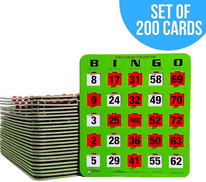 Regal Bingo - Shutter Slide Bingo Cards Only - 8” x 9” - 5-Ply Green Cardstock - Easy to Read - No Duplicates - Red Sliding Windows - Perfect for Large Groups, Bulk Purchasing
