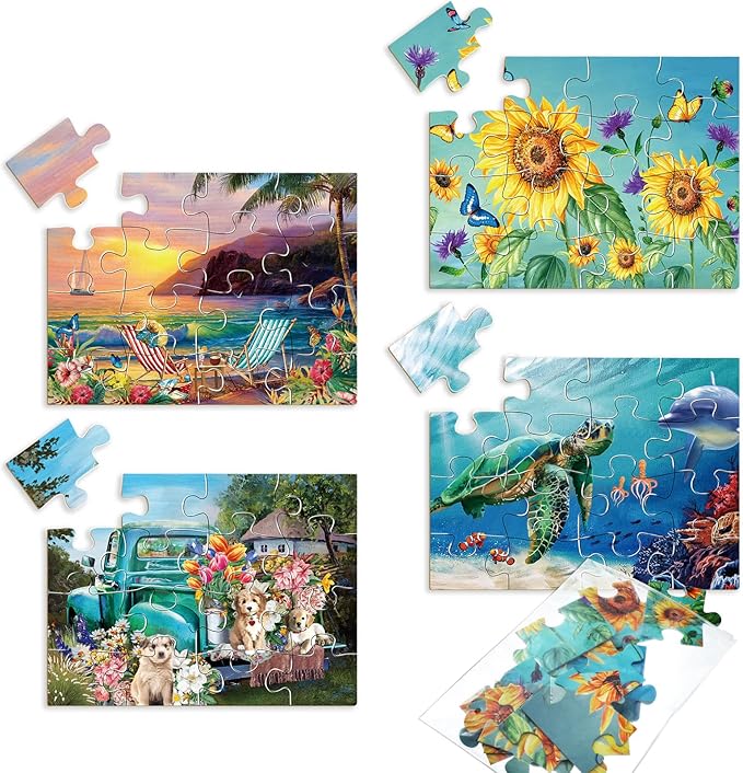 Kathfly 4 Pack 16 Large Jigsaw Puzzles Dementia Alzheimer's Products and Activities for Alzheimer's Cognitive Products Easy Puzzle for The Elderly Seniors with 1 Storage Bag, 4 Style(Classic)
