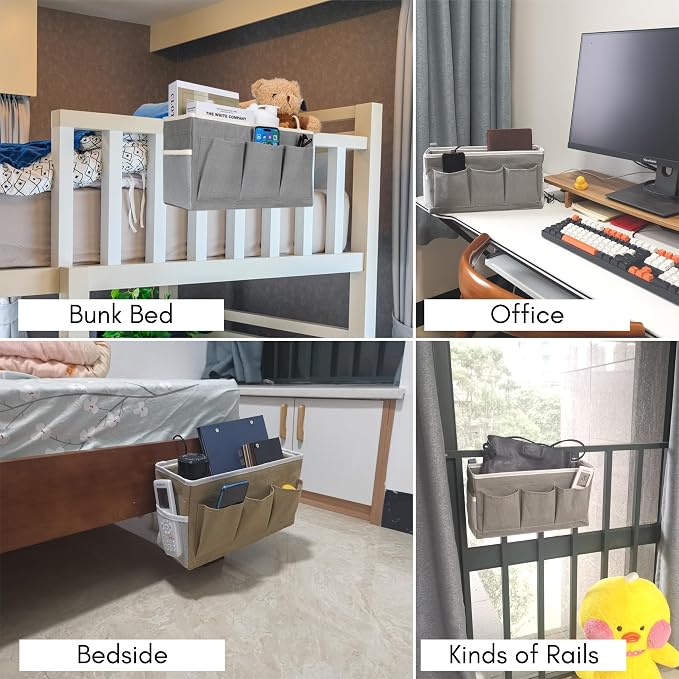 Kanrichu Bedside Caddy Hanging Storage Bag, Organizer Baskets with Pockets for Bunk Bed Accessories, Loft & Dorm Rooms Chair Bed Rails (White-2pcs)