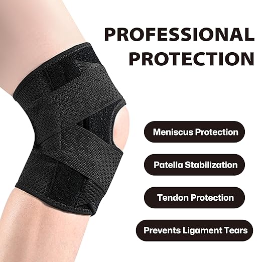 Knee Brace with Side Stabilizers for Knee Pain, Adjustable Knee Support for Meniscus Tear ACL MCL Arthritis Injury Recovery, Breathable Knee Wrap for Men & Women, Workout, Sports (Black, Large)