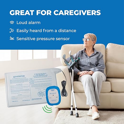 Patient Aid Chair Alarm with 10" x 15" Motion Sensor Pad and Wired Device with Rubber Casing, Ring Sound and Mounting Options, AC Adapter and Battery Powered Wandering and Fall Prevention for Elderly