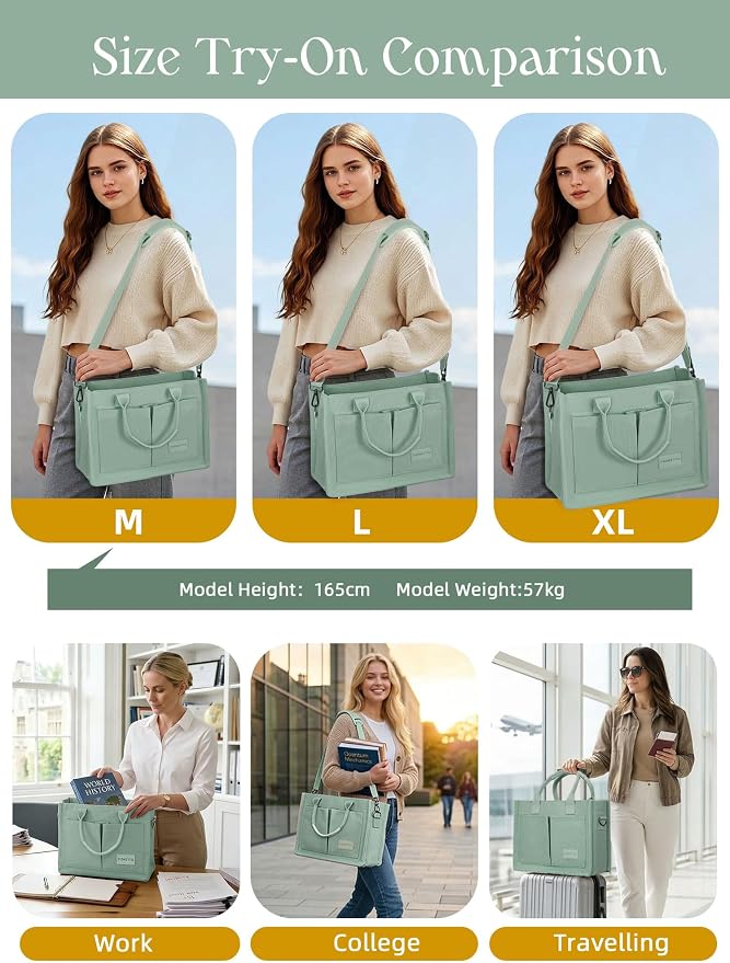 FIORETTO Canvas Tote Bag for Women with Zipper Closure & Individual Compartments for Work College for Teacher & Nurse
