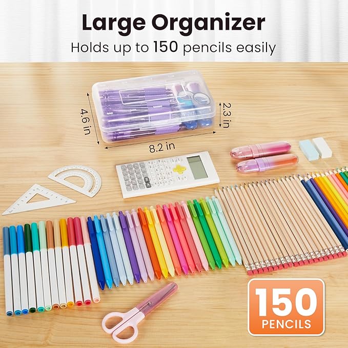Sooez Plastic Pencil Case Box 6 Pack, Large Crayon Maker Pen Organizer, Plastic Containers with Snap Lids, Stackable Craft Storage Boxes Bulk, School Supplies Art Box for Bead, Clear