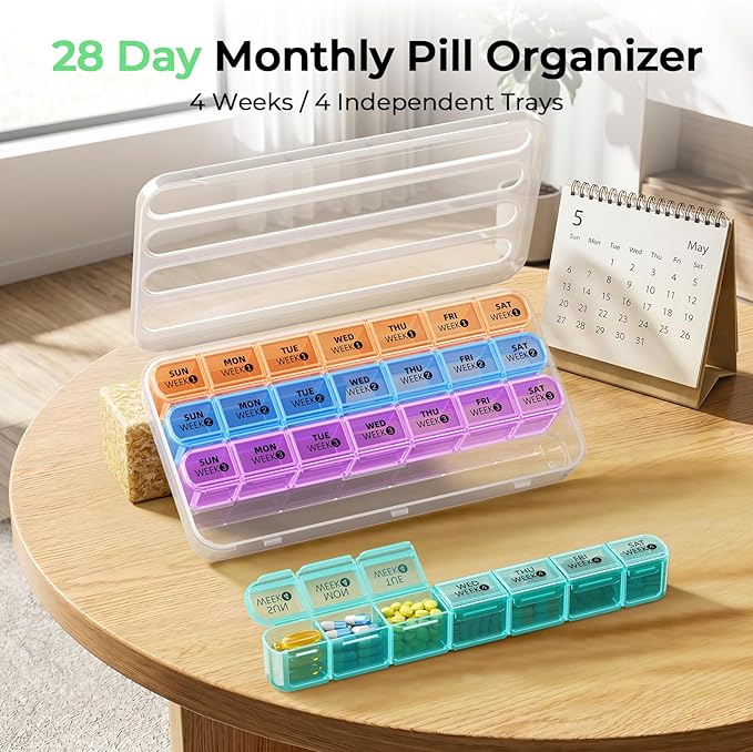 Daviky Monthly Pill Organizer 28 Day, 4 Week Pill Box with Removable Weekly Trays, Large BPA-Free Pill Organizer for Vitamins, Supplements and Medication, Travel Pill Case with Storage Box, White