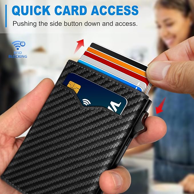 Wallet for Men,with Cash Pocket 2 ID Window 9-13 Cards,Metal Case Smart Slim Pop Up Credit Card Holder Flip with Magnetic Closure RFID Blocking Trifold wallet with Gift Box