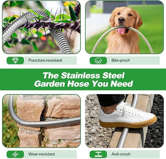 Garden Hose 50FT, Flexible Stainless Steel Metal Water Hose with 10-Function Nozzle, No-Kink, Leak-Proof, Wear-Resistant, 3/4 GHT, Easy to Use and Store for Garden, Yard, Lawn, Outdoor