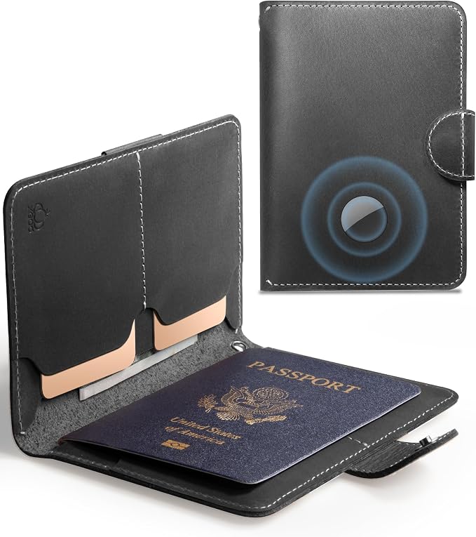 RFID Passport Holder for Travel with Hidden Airtag Slot – Genuine Leather Passport Wallet, Travel Gift for Men & Women