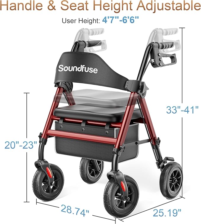 Rollator Walkers for Seniors with Seat, Foldable Lightweight Rolling Walker with 8" Big PU Wheels, Ergonomic Seat, Dual Height Adjustment