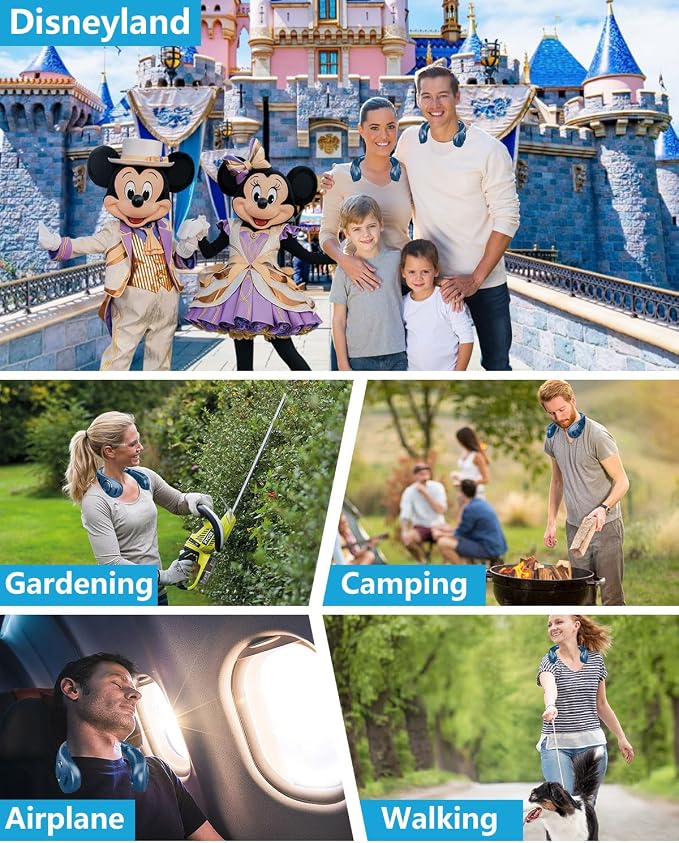 Personal Neck Fans Mister with Water Spray, 4000mAh 4-9H Lasting, Mini Foldable Leafless AC for Neck Face Shoulder, LED Cordless Hanging Wearable Headphone Fan for Kid Adult Worker Hot Weather, Blue