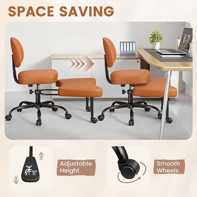 Ergonomic Cross Legged Office Chair with Wheels - Adjustable Height Kneeling Meditation Chairs for ADHD, Yoga & Desk Work - Wide Criss Cross Seat with Lumbar Support, Brown