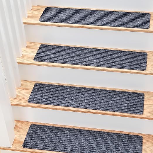 MBIGM Carpet Stair Treads for Wooden Steps, 7 Pack, 8" x 30", Grey Stripe | Four-layer polyester carpet with PP grid base, nonwoven cushion and TPR adhesive backing adds indoor traction and comfort