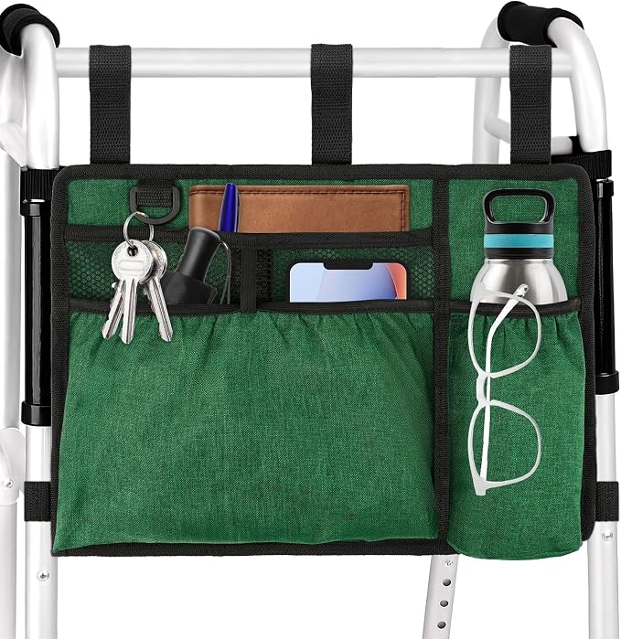 Walker Accessories, Foldable Walker Basket with Cup Holder (Green) | Walker Bag Carry Storage Pouch Water-Resistant for Seniors, Elderly, Handicap