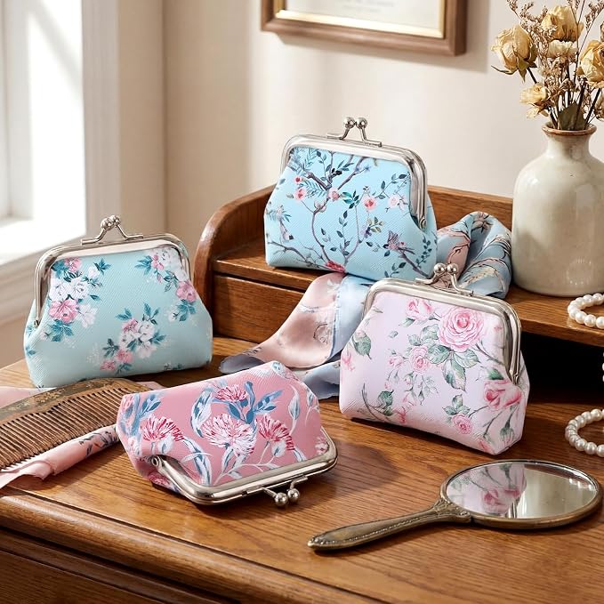 Liliaafar 4 Pcs Mini Backpack Keychain Mini Coin Purses for Women Cute PU Leather Makeup Bag with Keychain, Multi Pocket Card Holder Cable Organizer Giftable Zipper Pouch (Floral)