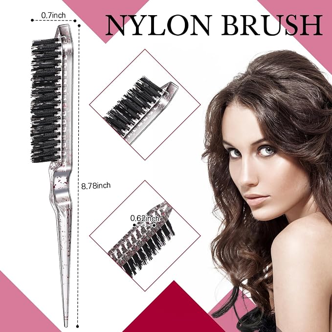 Geiserailie 3 Pcs Slick Back Hair Brush Set Bristle Brush Edge Control Teasing Comb for Women Black Hair(Clear Colorful)