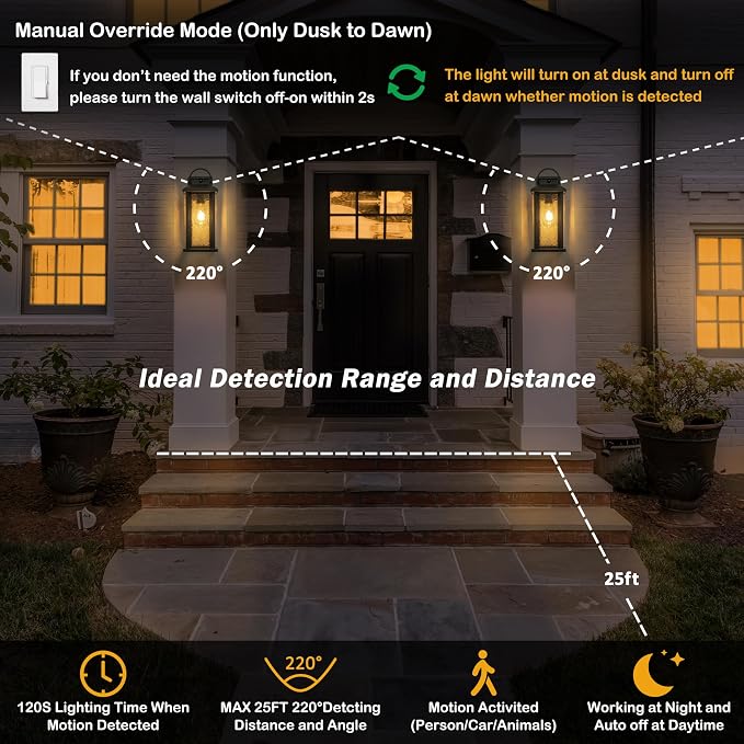 2-Pack 15.5" Motion Sensor Outdoor Lights Dusk to Dawn Porch Light | 3 Lighting Modes, E26 Socket, Water Glass, Hardwired, Matte Black Exterior Lighting Fixtures for Porch Front Door