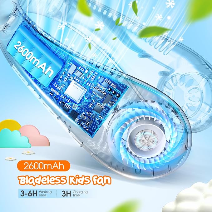 Dinosaur Kids Neck Fan, Safe Bladeless Neck Fans for Kid, 2600mAh Portable Rechargeable Cooling Fan for 4-14Y Boys, 4 Speeds & Lightweight & Hands-free, Kids Camp, Travel, Summer Essentials