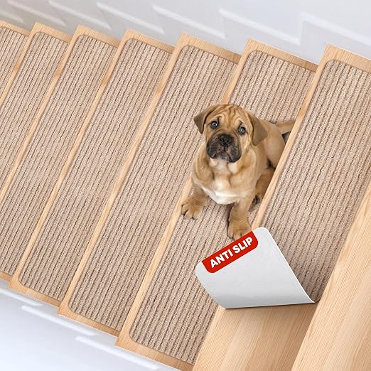 MBIGM 8" x 30" Non Slip Carpet Stair Treads Indoor (4 Pack), Non Skid Stair Rugs for Stairs, Slip Resistant Stair Runner for Kids, Seniors & Pets, Reusable Adhesive, Cornstalk