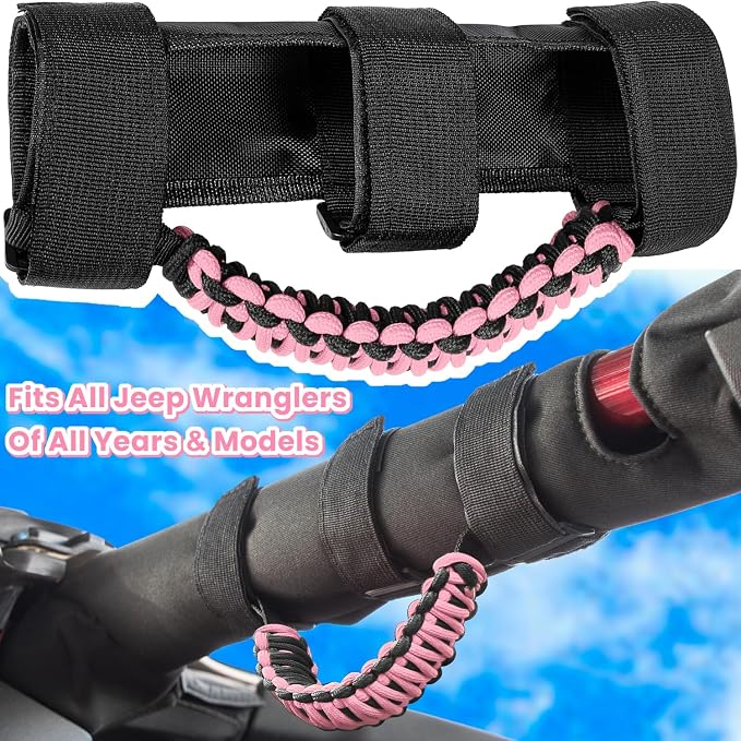 4 x Roll Bar Grab Handles Grip Handle for Jeep Wrangler JK JKU JL JLU TJ YJ Sports Sahara Freedom Rubicon Unlimited Gladiator JT 1955-2023 UTV ATV Premium 550 Paracord Interior Accessories (Pink)