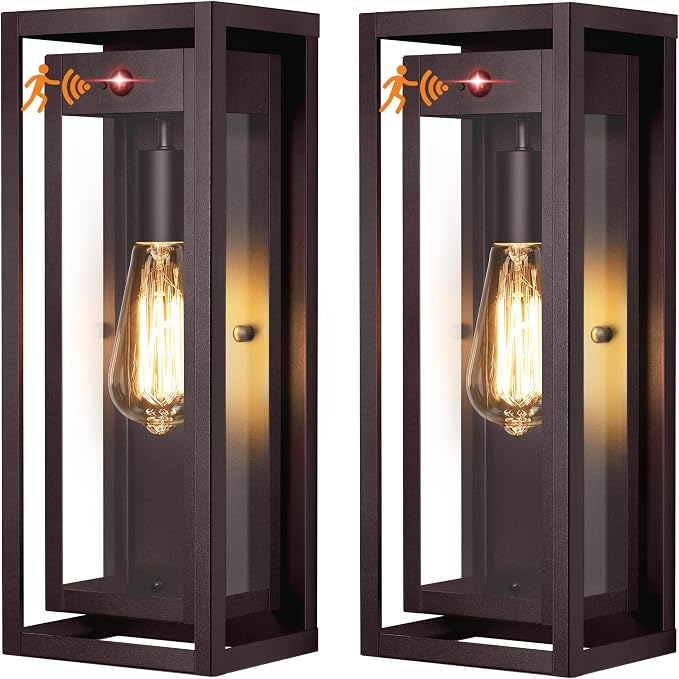 15" Motion Sensor Outdoor Wall Lights, Outdoor Sconces, 2 Pack | Dusk to Dawn, Large Size, Anti-Rust, Waterproof, Easy Installation, Bronze Modern Exterior Lighting Fixtures for House Porch