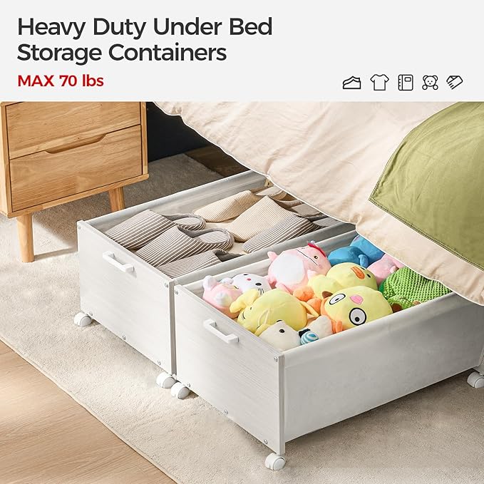 FOUCSSOMEI Under Bed Storage with Wheels, Wooden Under Bed Drawers On Wheels, Rolling Under Bed Shoe Storage, Space Saving,White,Quadruple Size,90L