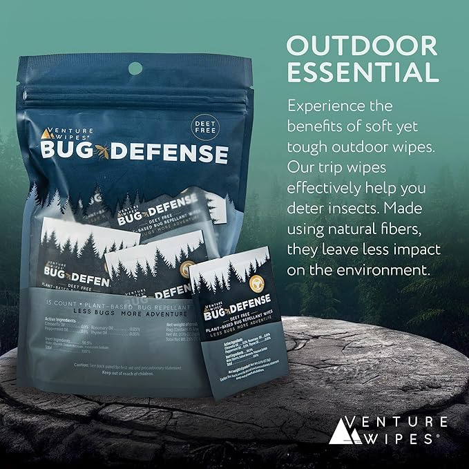 Venture Wipes Natural Mosquito Repellent Wipes - Travel Size Bug & Insect Repellent Wipes w/Citronella, Peppermint & Rosemary - DEET-Free Mosquito Repellant for Travel, Outdoor & Patio- 15 Count Bag