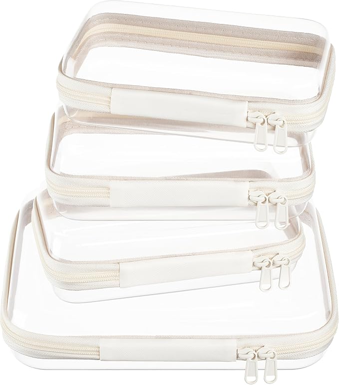 4 pcs Clear Zipper Pouches,Hard Shell Zipper Case, Toiletry Bag for Travel | CLear Diaper Bag, Toiletry Pouch, Travel Organizer, Cosmetic Bag,Toy Storage Bins (M+3S)(Ivory)