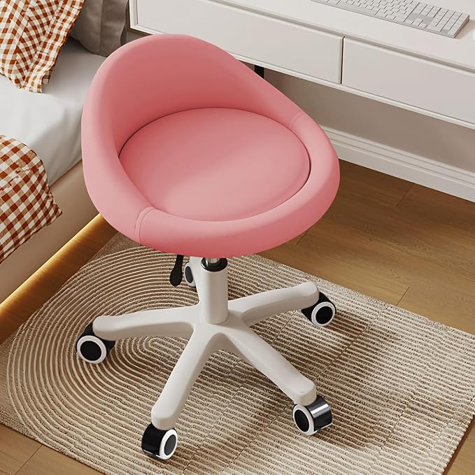 Rolling Stool – Ergonomic Swivel Seat, Adjustable Height, Ultra-Quiet Wheels, Padded PU Leather Cushion, for Salon, Office, Massage & Medical Use Pink 1