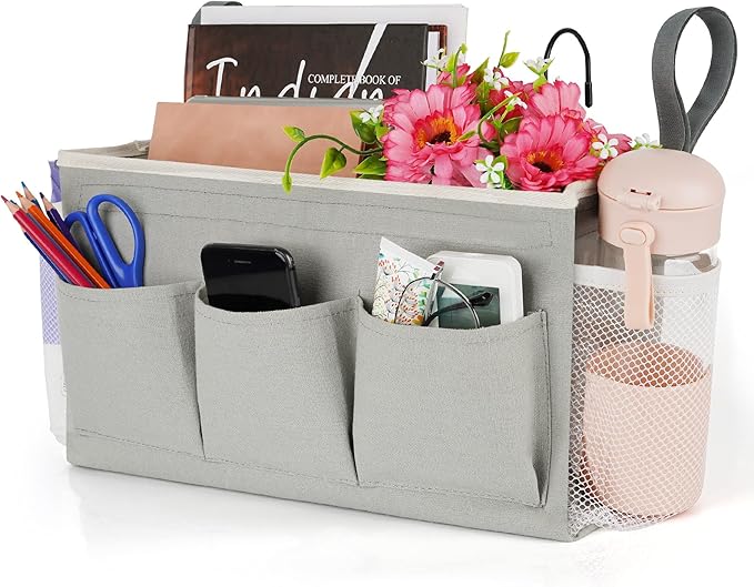 Lilithye Bedside Caddy, Bedside Storage Bag Hanging Organizer for Bunk Bed | Bed Caddy with Fixed Straps and Water Bottle Holder for Home, College Dorm, Bunk Bed, Hospital Bed and Crib Bed Rails