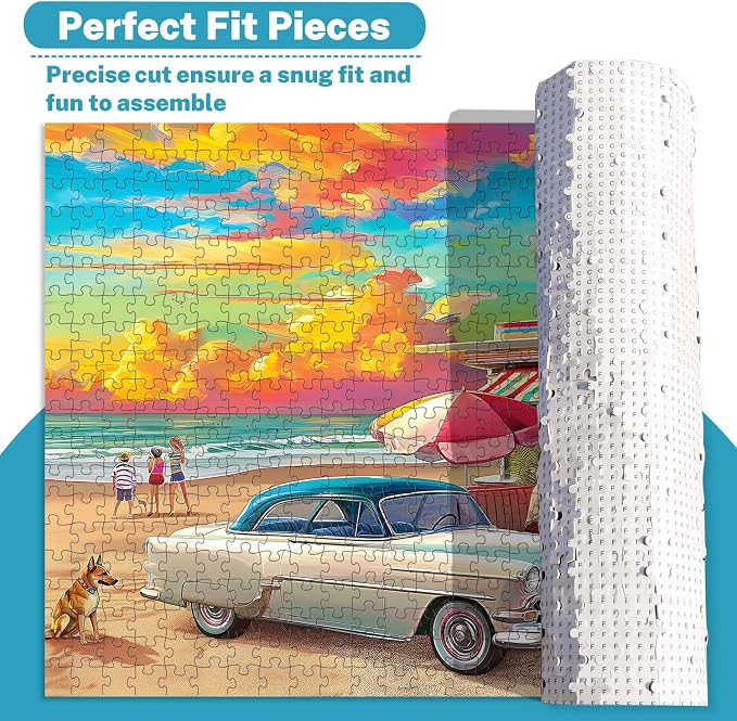 500 Piece Jigsaw Puzzle for Adults, Retro Beach Diner & Classic Car | Vibrant sunset, ocean views, retro beachside charm, family game night, screen-free fun, wall decor and unique gifts