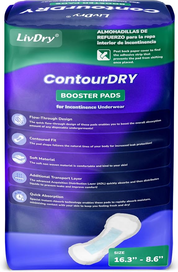ContourDry Booster Pads XL by LivDry, Adds Max Absorbency to Adult Diapers with Flow-Through Design, Up to 4 Cups Capacity, More Coverage for Women and Men, 160 Count