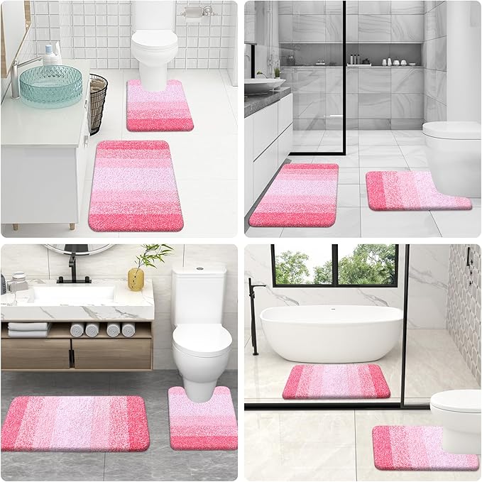 OLANLY Bathroom Rug Set 2 Piece, Soft Absorbent Microfiber Bath Rug Set, Non-Slip, Machine Wash Dry, Plush Shaggy Bath Mats for Bathroom (47"x20"+24"x16", Pink)