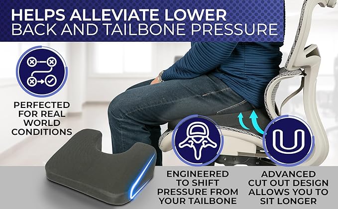 YogiBum Patented Cushion | Extra Large Tailbone Gap | Small Size for 100 lbs to 190 lbs | Relief for LowBack, Tailbone, Sciatica, Hemorrhoids | Snug Fit on Office/Computer Chairs