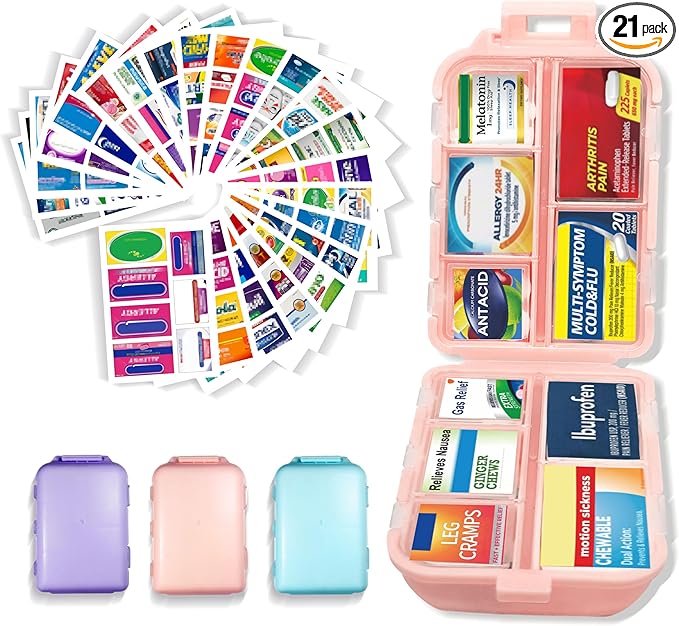 Large Pill Organizer 3 Pack with 146x3 Labels, Pink Blue Purple | Set of 3 large 10-compartment pill cases with 146x3 labels for vitamins, supplements, daily routines, work, and travel