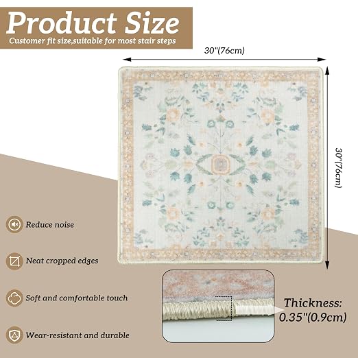 RORA Stair Treads Landing Mat, 30x30 Stair Landing Rug for Indoor | Non-Slip, Washable, For Wooden Steps, Floral Design, Stair Rugs Mat for Pets, Beige