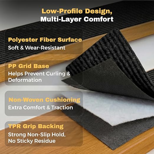 MBIGM Carpet Stair Treads for Wooden Steps, 7 Pack, 8" x 30", Black Stripe | Four-layer polyester carpet with PP grid base, nonwoven cushion and TPR adhesive backing adds indoor traction and comfort