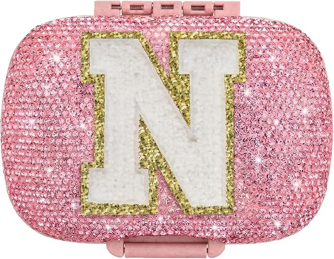 Cute Pill Organizer Small Bling Pill Case for Purse Medicine Vitamin Container Holder Daily Pill Box Container for Women Travel Medicine Kit(Letter N Pink)